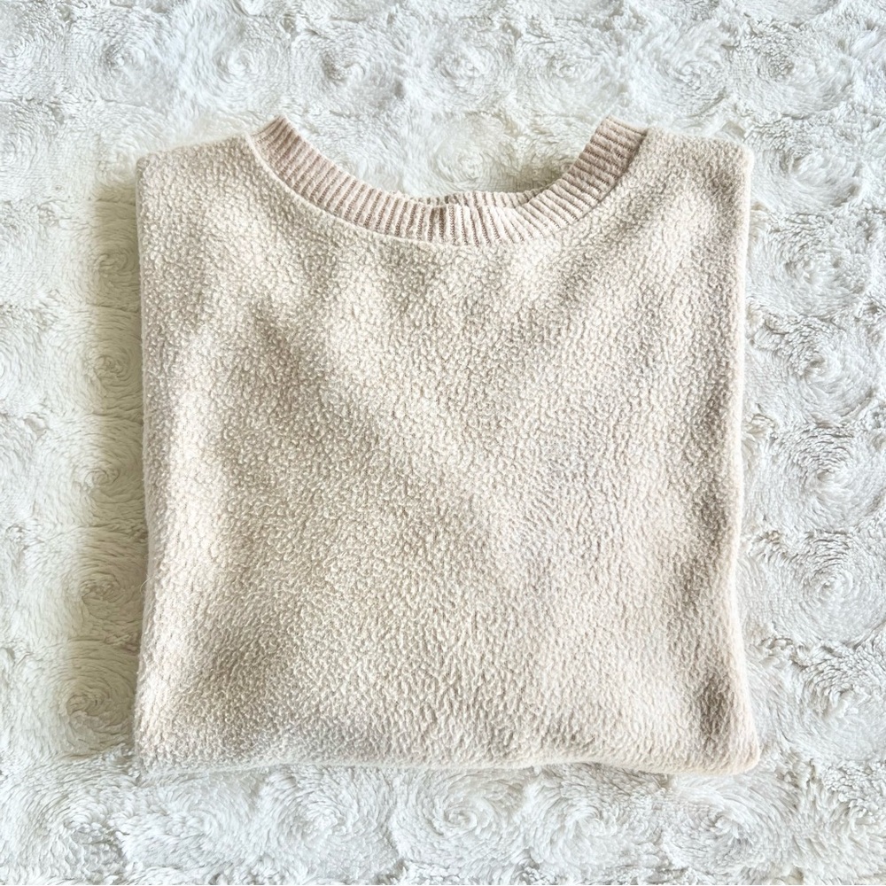 Fleece Sweater Womens Small Beige Crew Neck Pullover Minimalist Neutral Cherish